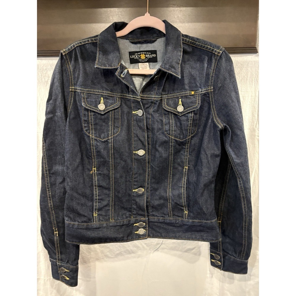 Lucky Brand Women's Denim Jacket Size M Dark Wash Cropped Jean Jacket 100% Cotto